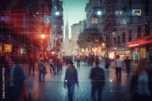 Surveillance camera of a crowd of people walking along busy city streets. Face recognition big data comprehensive analysis interface, scanning and displaying information. Data collection. Espionage. © Stavros