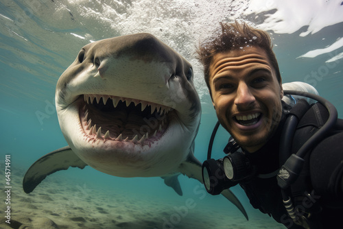 Frightened diver and shark ready to attack