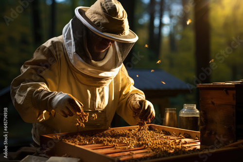 beekeeper working in an apiary near beehives with bees