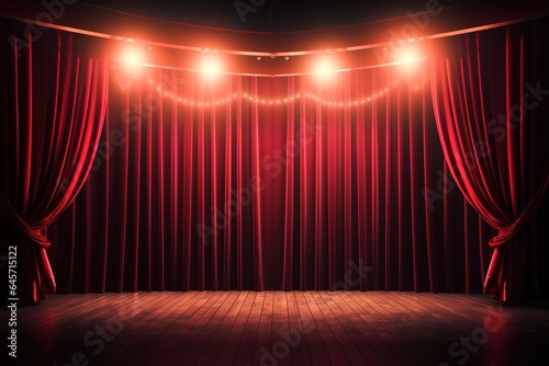 Closed red curtains on stage in theater