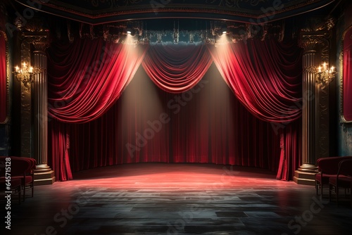 Closed red curtains on stage in theater