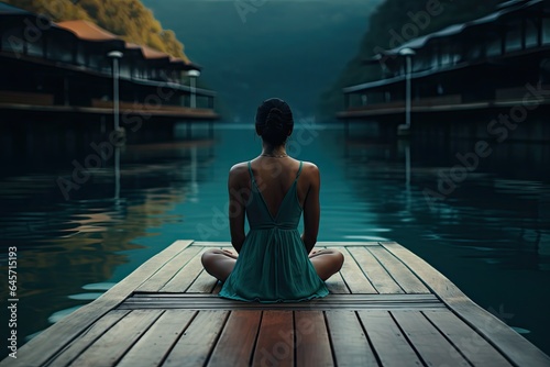 Oświecona kobieta medytuje na pomoście przy spokojnej tafli wody. 
