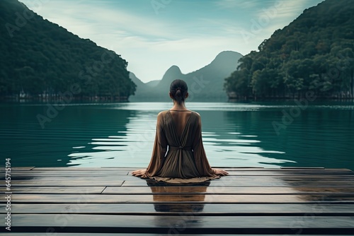 Fototapeta Oświecona kobieta medytuje na pomoście przy spokojnej tafli wody