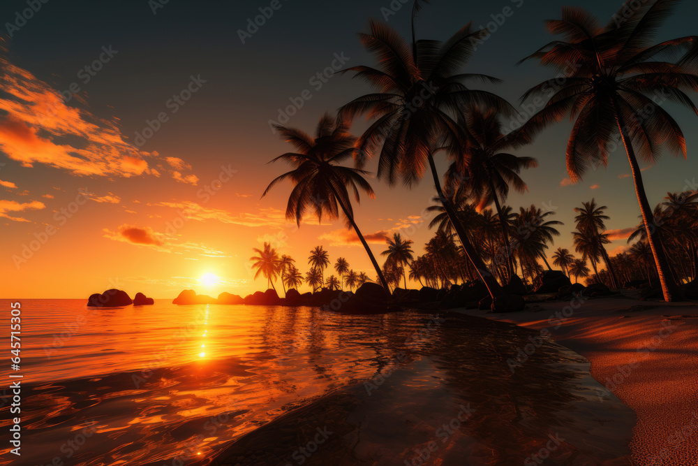 Tropical landscape, ocean beach and palm trees against sunset background