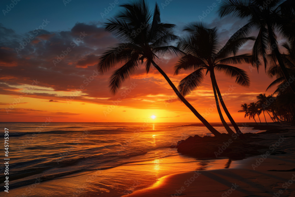 Beautiful tropical beach with palm tree silhouettes against sunset background