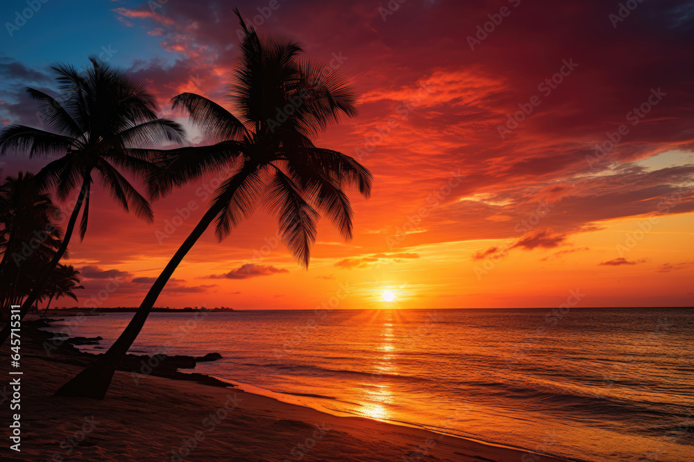 Tropical landscape, ocean beach and palm trees against sunset background. Copy space for text