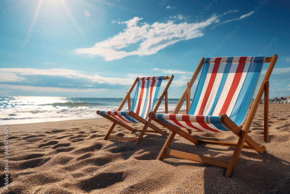sun loungers on the beach against the backdrop of the sea or ocean. vacation concept sun loungers on the beach against the backdrop of the sea or ocean. vacation concept