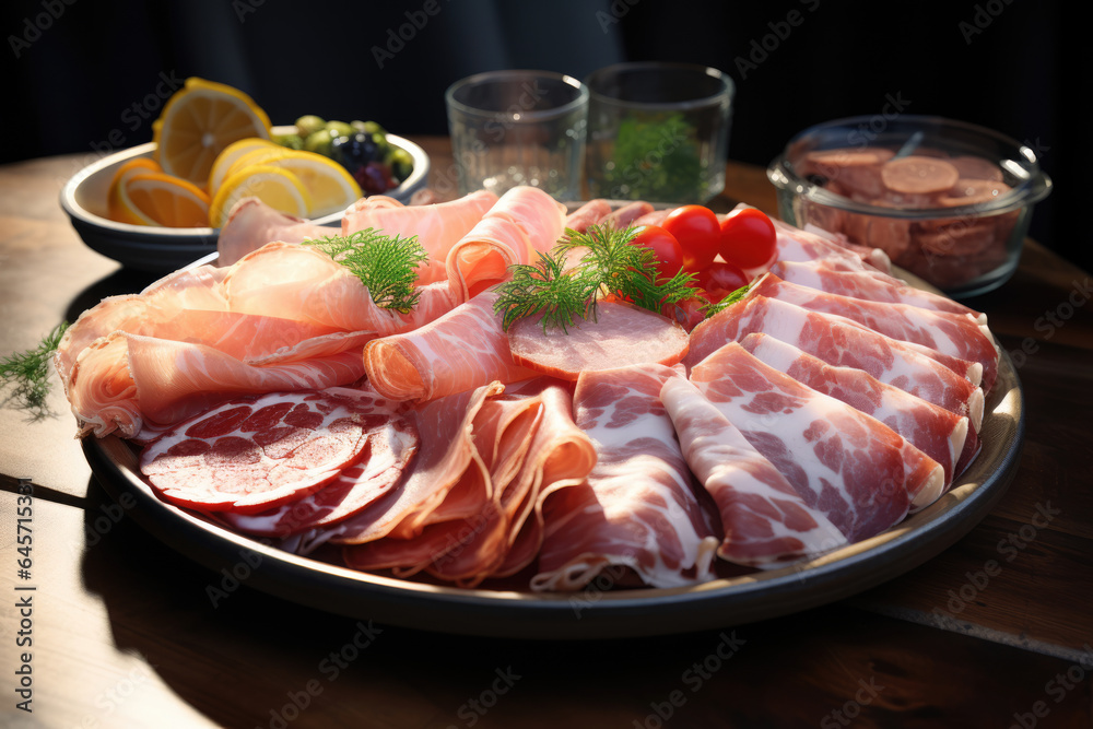 Mix, assorted sausages and ham in a plate Mix, assorted sausages and ham in a plate