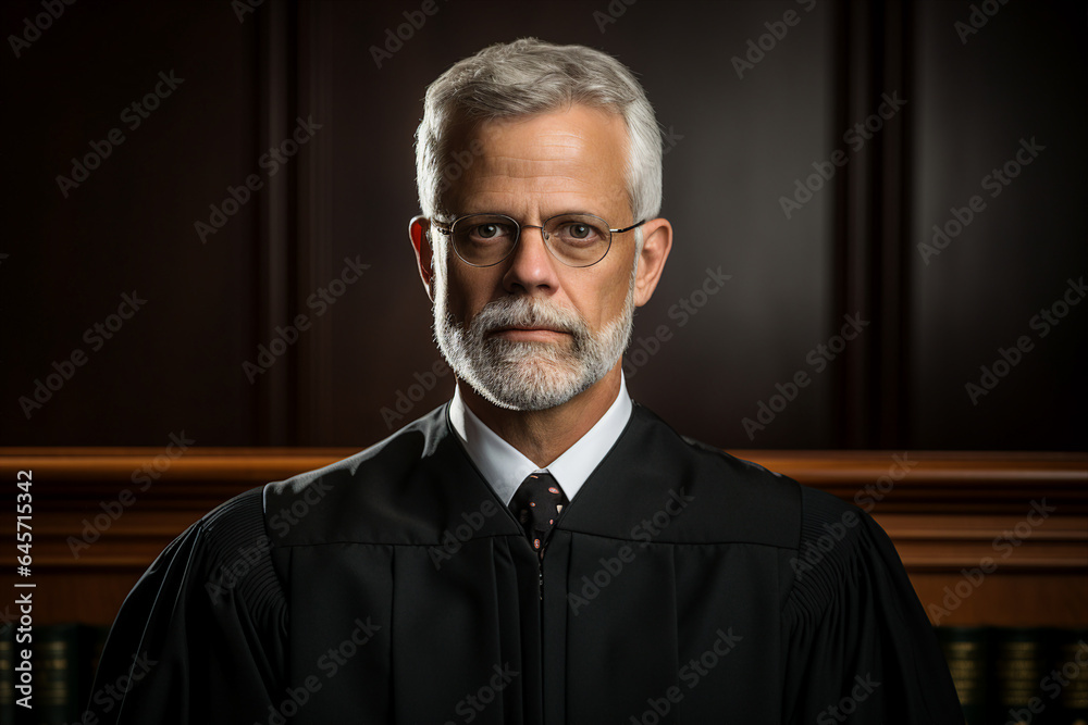 Portrait by generative AI of a confident professional man judge in a court of law listen to arguments and evidence Portrait by generative AI of a confident professional man judge in a court of law listen to arguments and evidence