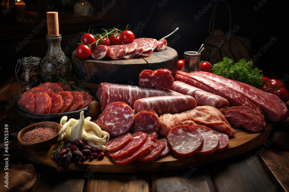 Different types of sausages and ham sliced on a board