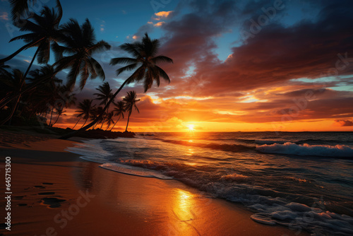 Tropical landscape, ocean beach and palm trees against sunset background