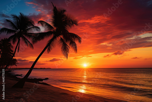 Tropical landscape  ocean beach and palm trees against sunset background. Copy space for text