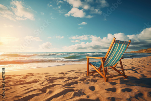sun lounger on the beach against the backdrop of the sea or ocean. vacation concept. Copy space for text