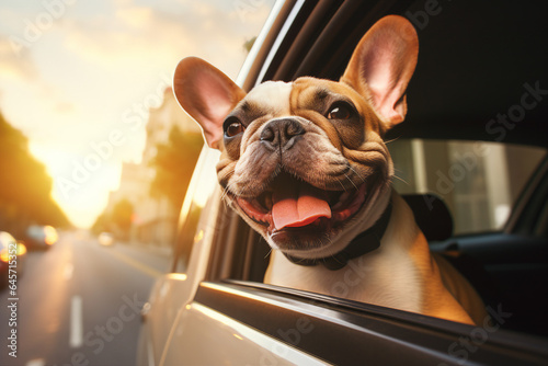 Photography of a happy beautiful dog traveling by car and enjoying weekend trip generative ai concept © deagreez