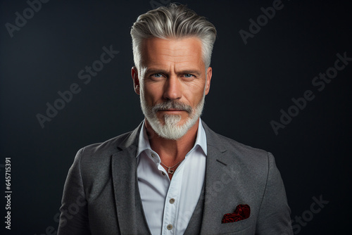 Portrait of confident professional senior businessman leader wearing suit isolated on grey color background generative AI