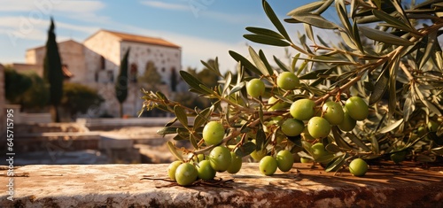 Źdźbła oliwek ze starym włoskim kościołem w tle. 