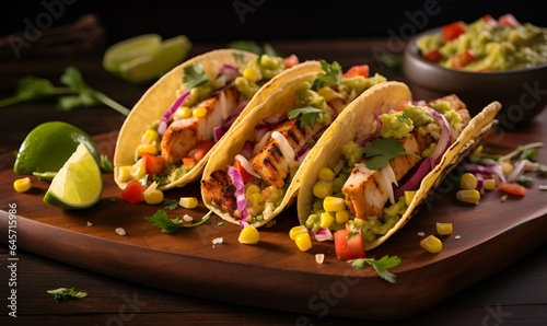 Tacos with chopped vegetables and chicken, ai generative photo