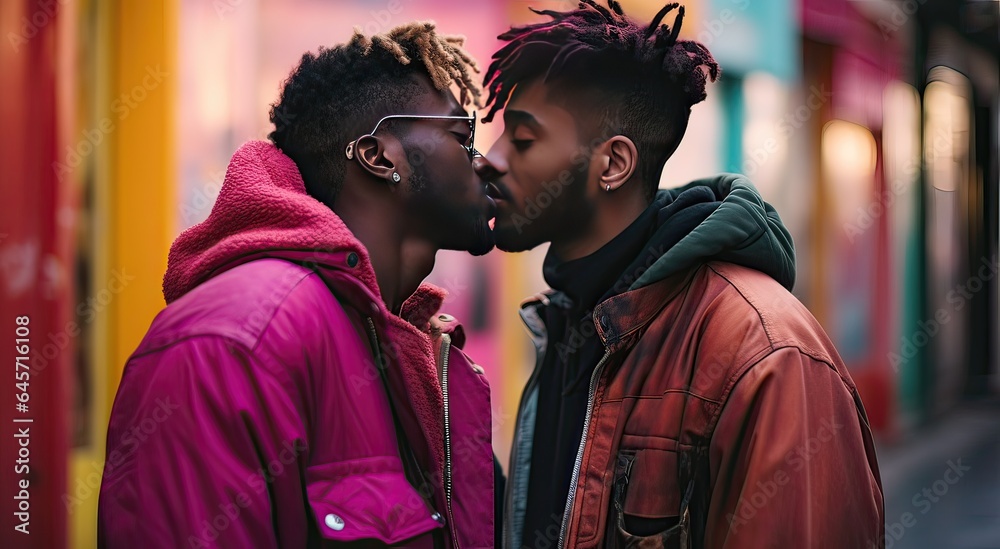 Black male couple kissing happily on the street in casual colored clothes Black male couple kissing happily on the street in casual colored clothes