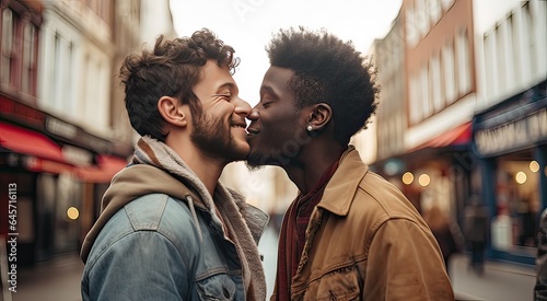 couple of men of different ethnicity in love with their eyes closed before kissing each other