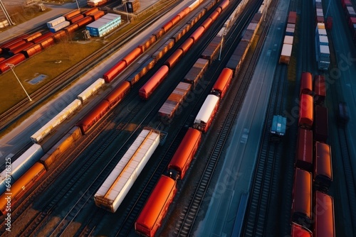 Large variety of cargo trains as seen from directly above. Global business of Container Cargo freight train. Rail transportation and maritime shipping. Autumn forest on background.
