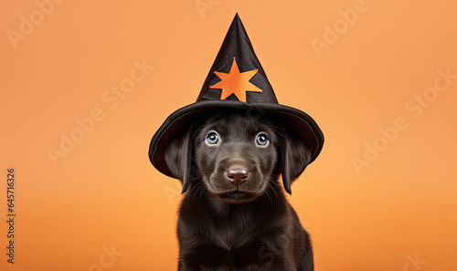 primer plano de cachorro de perro negro tumbado con sombrero de halloween  negro y con estrella dorado, sobre fondo naranja photo