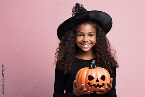 Fototapeta niña vestida de bruja con sobrero en negro sosteniendo entre las manos una calab