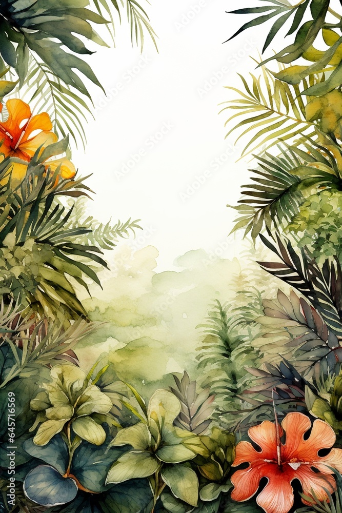 Jungle plants frame in watercolor style