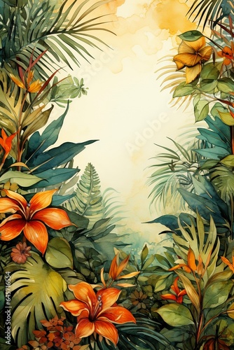 Jungle plants frame in watercolor style
