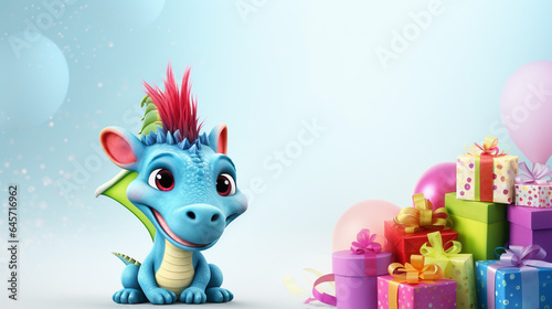 Cute dragon with birthday balloons, gift boxes on background, copy space, generative AI © Andrii