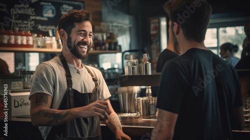 Handsome barista man making coffee to a consumer in a coffee shop, Small business concept. AI Generated.