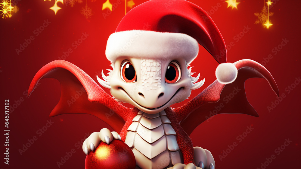 Cute dragon dressed in Santa Claus hat with christmas baubles on red background, generative AI