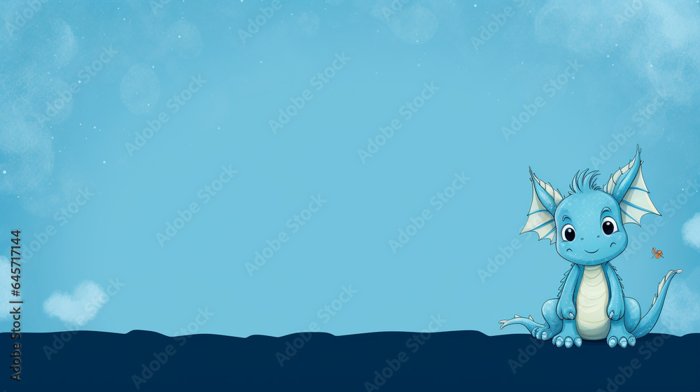 Fototapeta premium Cute dragon on blue background, space for text, generative AI