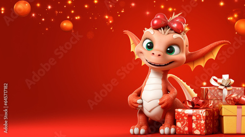 Cute dragon with christmas baubles and gift boes on red background, space for text, generative AI photo