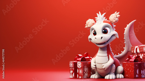 Cute dragon with christmas baubles and gift boes on red background, space for text, generative AI photo