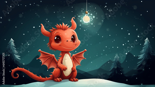 Cute red dragon with christmas tree, space for text, Merry christmas card. Winter holiday theme. Happy New Year, generative AI