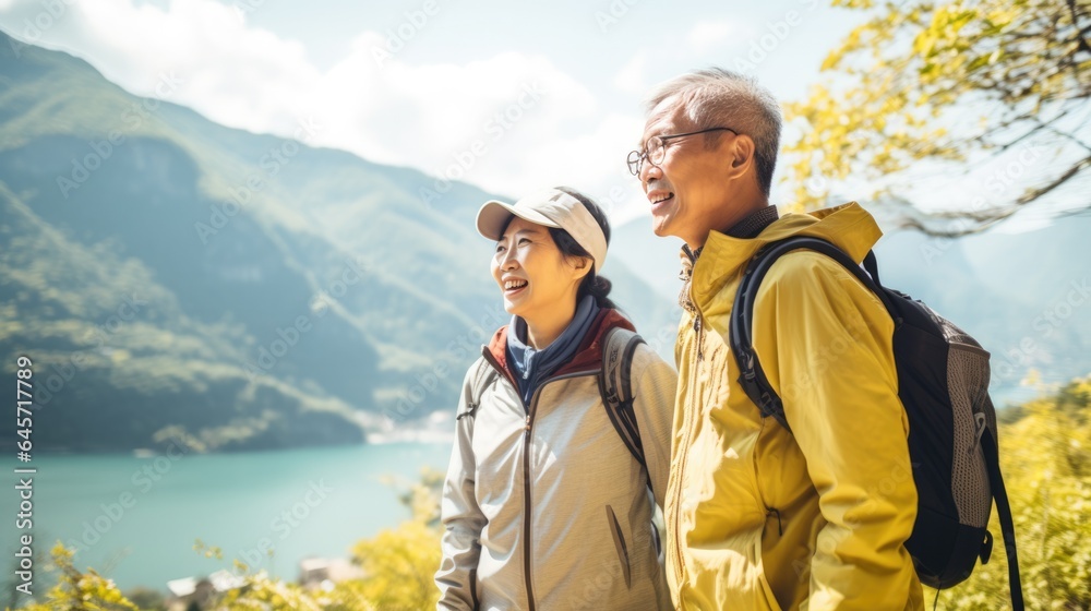 Asian senior couple admiring beauty of nature the scenic hiking during their active retirement.