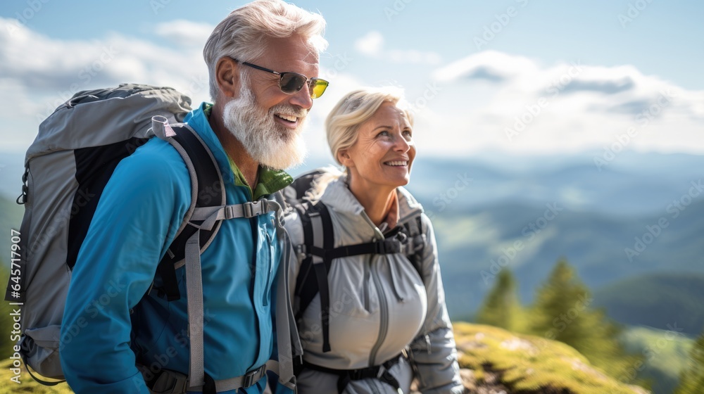 Senior couple admiring beauty of nature the scenic hiking during their active retirement.