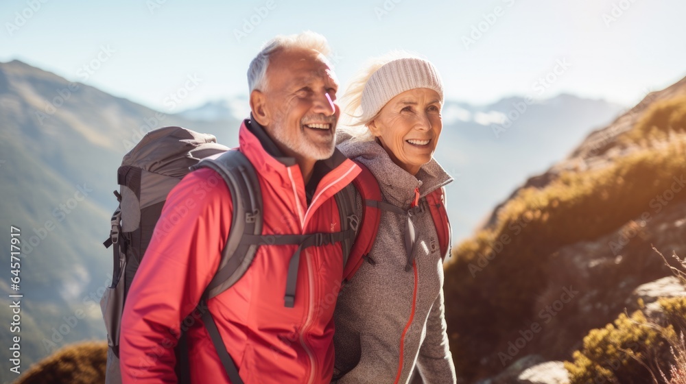 Senior couple admiring beauty of nature the scenic hiking during their active retirement. Senior couple admiring beauty of nature the scenic hiking during their active retirement.