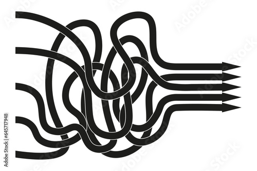 A set of black arrows of different shapes pointing in one direction. Choice, option, opportunity, road, business success concept. Goal setting, choosing alternative path.