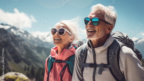 Senior couple admiring beauty of nature the scenic hiking during their active retirement.