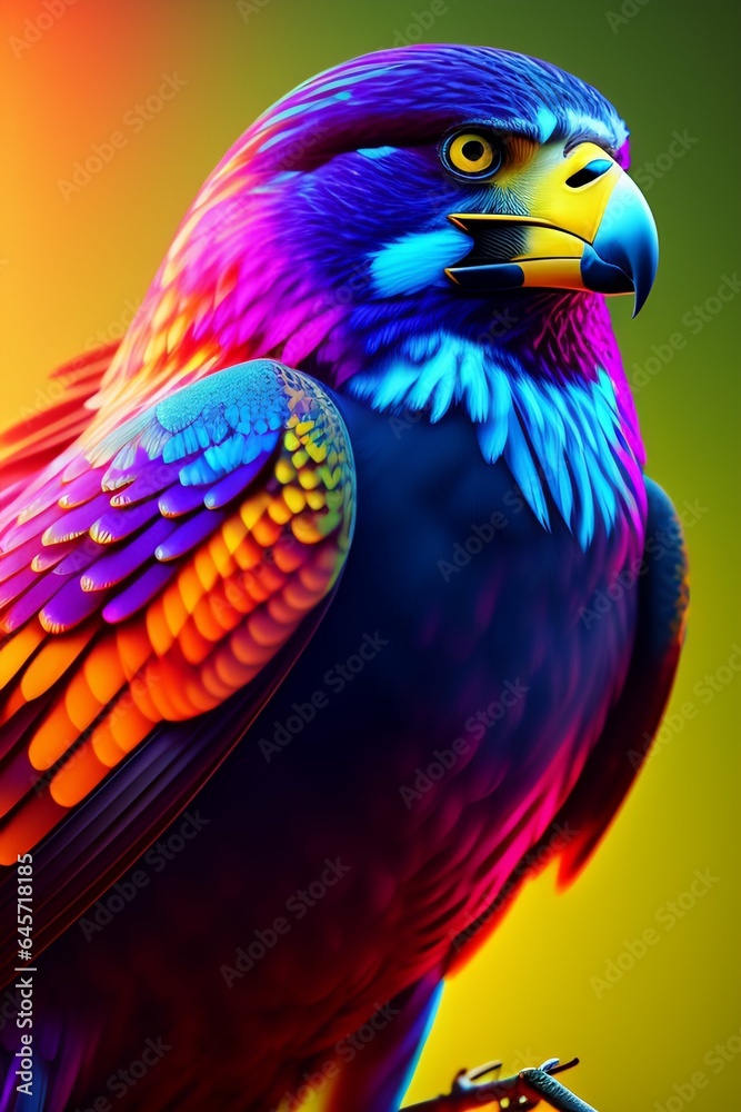 Obraz premium flys with the howl, Falcon face, human body, colorful light, neon stripes, clear very height details, Octane render