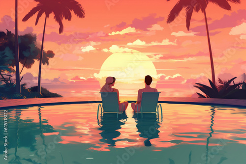 relax sunset swimming honeymoon travel back vacation couple romantic pool. Generative AI.