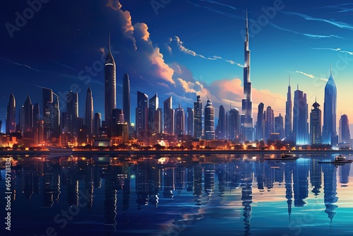 Night Marina Bay skyline in Dubai, UAE