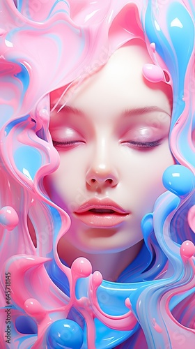 Fantastic Abstract Composit of a Woman with a lot of Colorful Liquid Flowing over her Body.