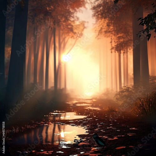AI generated sunset in the forest