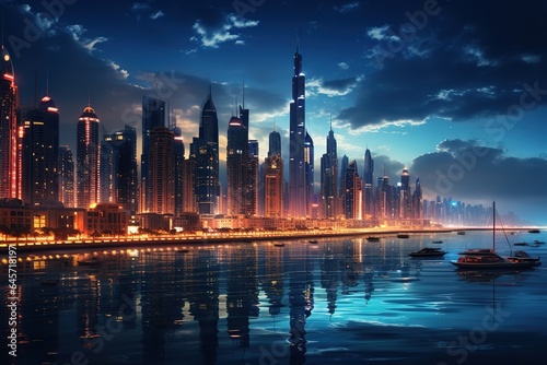 Night Marina Bay skyline in Dubai  UAE