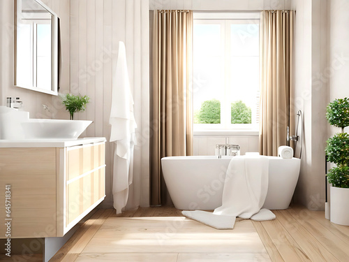 Charming bathroom with beige walls  white bathtub  and wooden parquet flooring. Complete with a stylish vanity  window curtains  potted plant  towels  and other accessories for a cozy