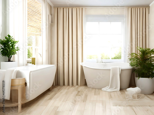 Charming bathroom with beige walls, white bathtub, and wooden parquet flooring. Complete with a stylish vanity, window curtains, potted plant, towels, and other accessories for a cozy