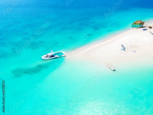 Aerial drone top view of jet skis cruising in turquoise ocean lagoon blue sea. Summer sport recreational outdoor activity, top view