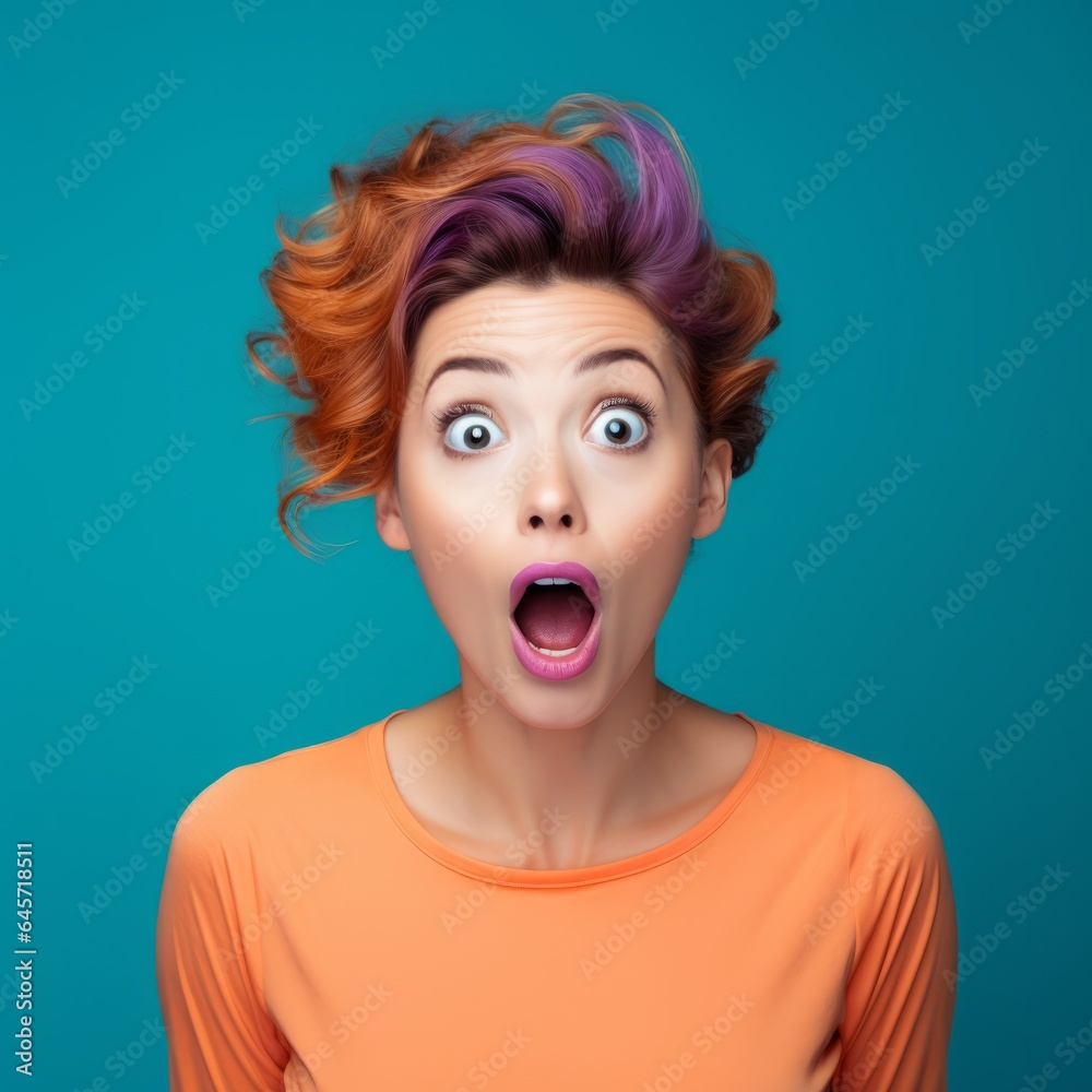 woman gazes in amazement over cyan backdrop, with violet and orange whimsy, Generative AI woman gazes in amazement over cyan backdrop, with violet and orange whimsy, Generative AI